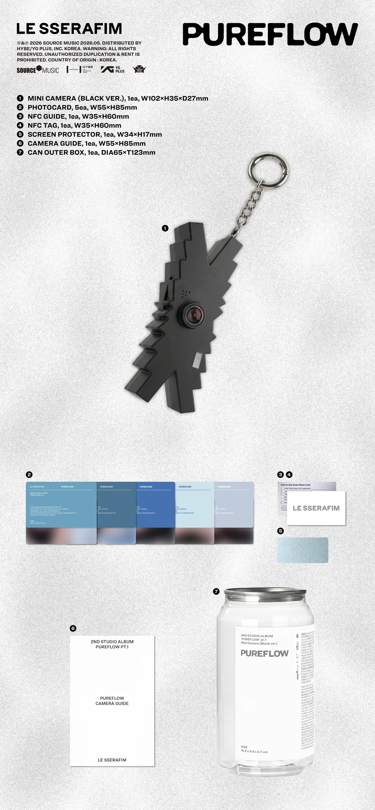 르세라핌 (LE SSERAFIM) - 2nd Studio Album 'PUREFLOW' pt.1 (Mini Camera ver.) Black ver. 상세 이미지 2