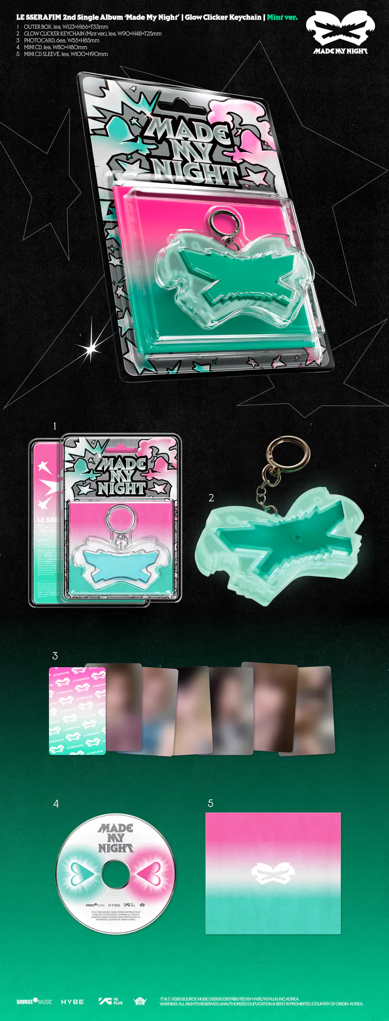 LE SSERAFIM - 2nd Single Album 'Made My Night' Glow Clicker Keychain (Mint ver.) 2