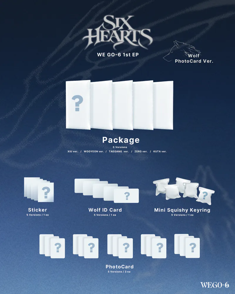 [세트] WE GO-6 - 미니 1집 [SIX HEARTS] (Wolf PhotoCard Ver.) (XIU ver. or WOOYEON ver. or TAEGANG ver. or ZERO ver. or KUTA ver.) (QR) 2