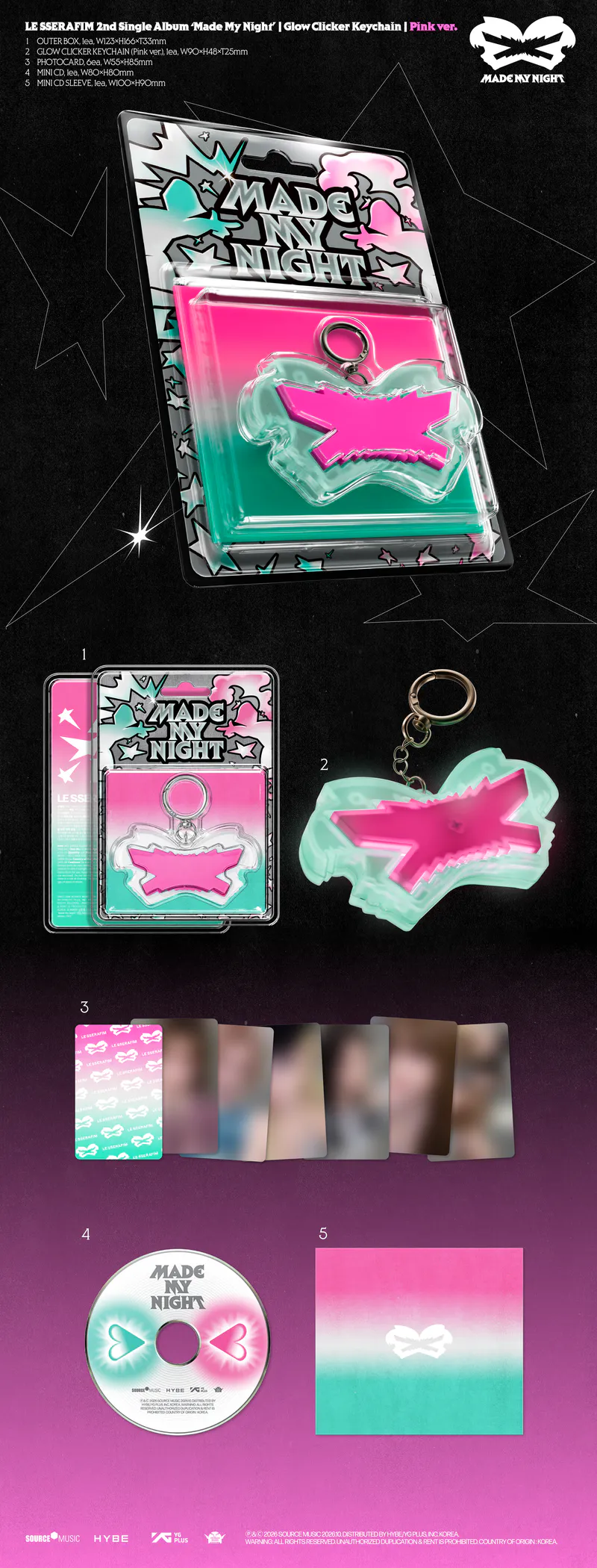 LE SSERAFIM - 2nd Single Album 'Made My Night' Glow Clicker Keychain (Pink ver.) 2